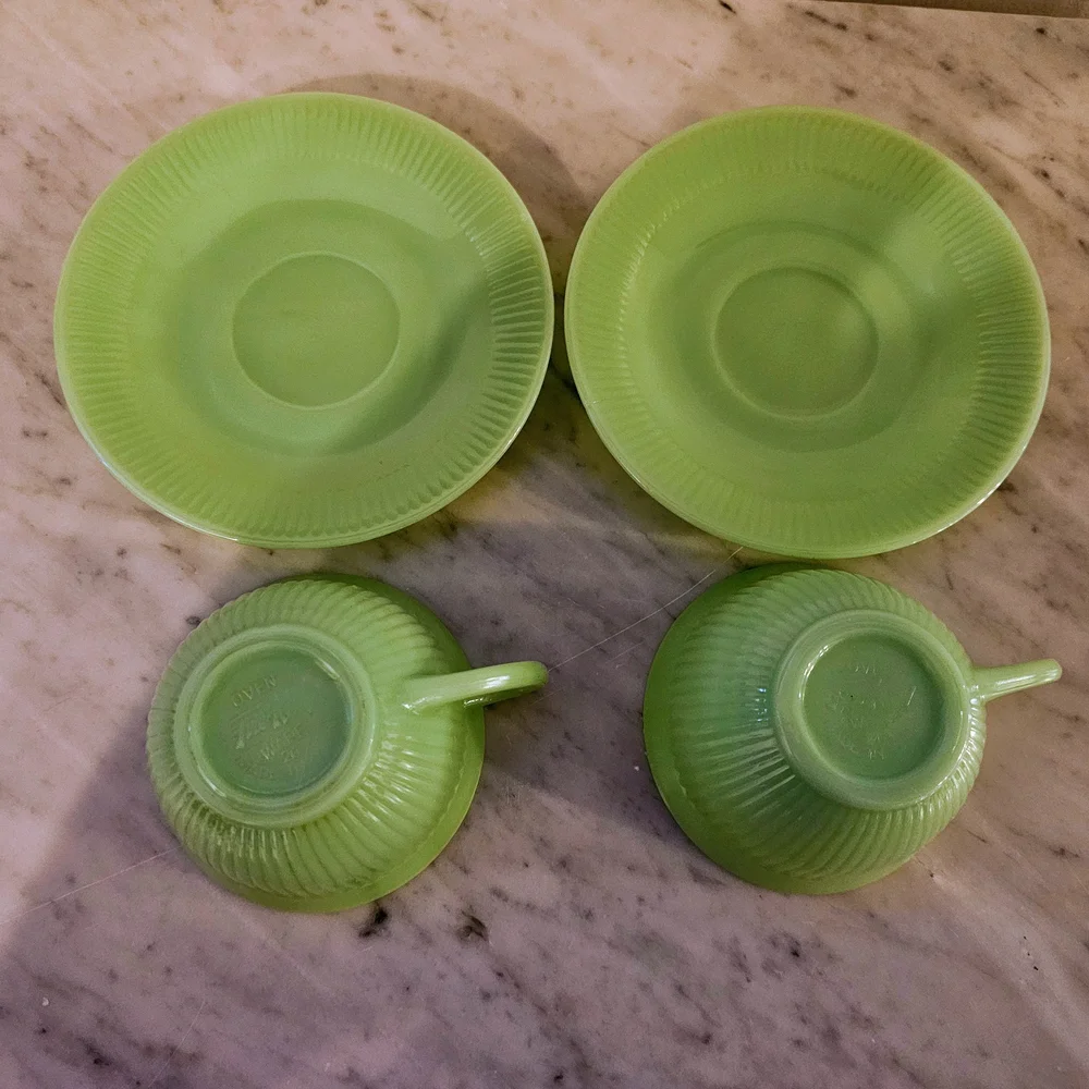 Fire King Jane Ray Jadeite Cup & Saucer Set of 2 Vintage USA Green Milk Glass